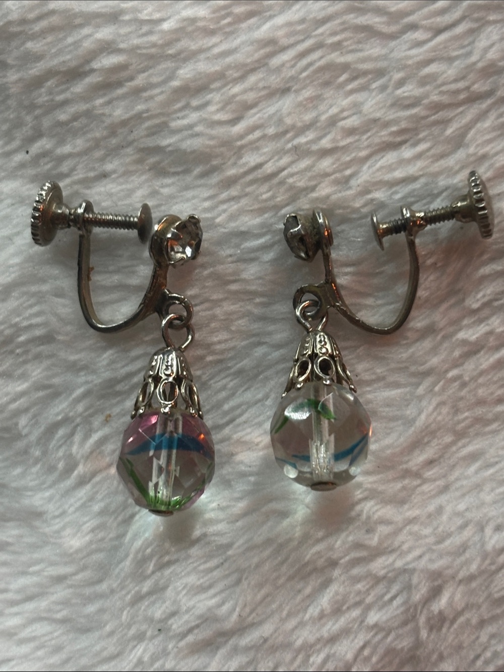 Vintage 50s Silver-Tone Clip-On Earrings with Multicolor Glass Drops